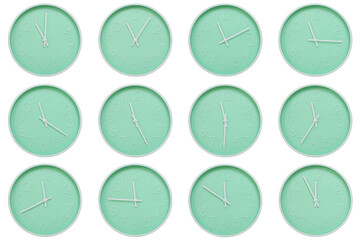 Collection of mint green wall clocks with white numbers and hands, each showing a different time 11:00 to 11:55 or 23:00 to 23:55. Perfect for concepts related to time, routine