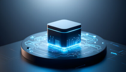 Tech themed 3D podium with circuit board texture, blue glow, product in center