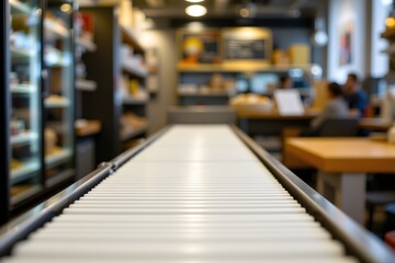 Conveyor Belt: A detailed shot of a pristine conveyor belt dominates the frame, the focus is drawn along the surface toward the background