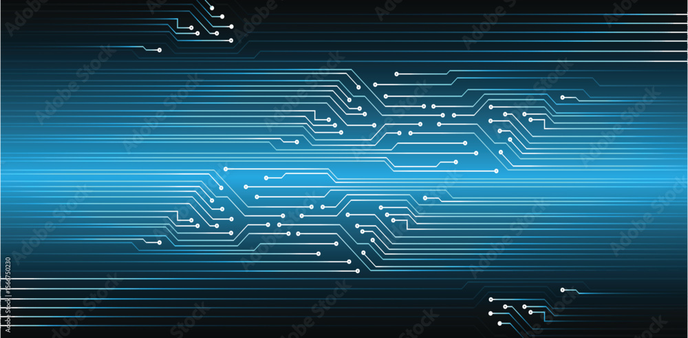 Poster circuit board design featuring white lines and nodes over a gradient blueblack background