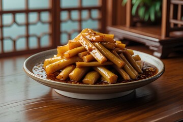 Braised Bamboo Shoots - Chinese Food Highlighting Tender Young Shoots Slowly Simmered in a Savory Sauce, Absorbing Deep Flavors for a Rustic, Earthy, and Authentic Culinary Experience
