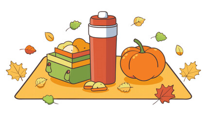 A colorful picnic setup displays a thermos, orange pumpkin, and basket of fruits on a blanket. Bright autumn leaves scatter around, creating a warm seasonal atmosphere