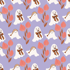 Seamless Pastel Halloween Vector Patterns with Cute Ghosts and Florals