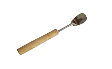 Close-up of an old garden trowel with a wooden handle and rusted metal blade isolated on white...