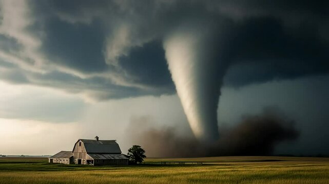 A colossal tornado's powerful funnel cloud casts a long shadow over a solitary barn in the countryside.