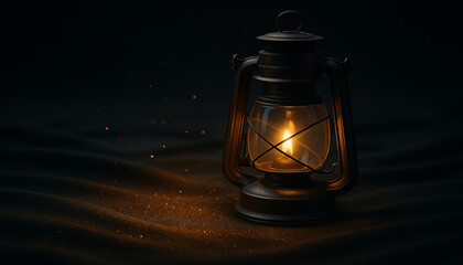 Antique oil lantern glowing on black surface with golden sparkles and dark background for magical vintage atmosphere