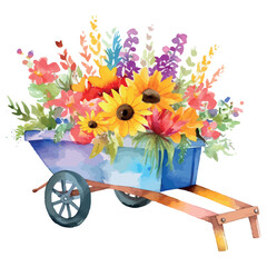 Colorful spring flowers overflow from a wooden wheelbarrow in a vibrant garden