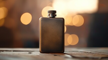 A vintage, metallic flask with a screw-top lid, placed on a wooden surface with a blurred background of warm, golden lights.