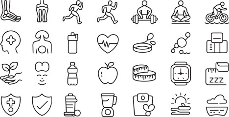 Dynamic Health, Fitness, and Wellness Outline Icons for Active Lifestyles and Holistic Well-being