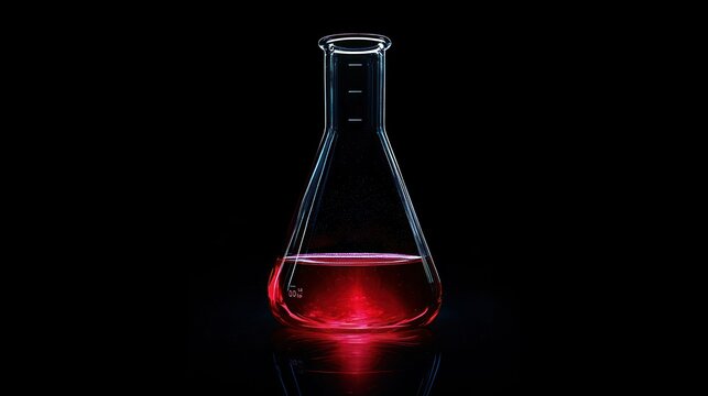 A red liquid in a conical flask against a black background.