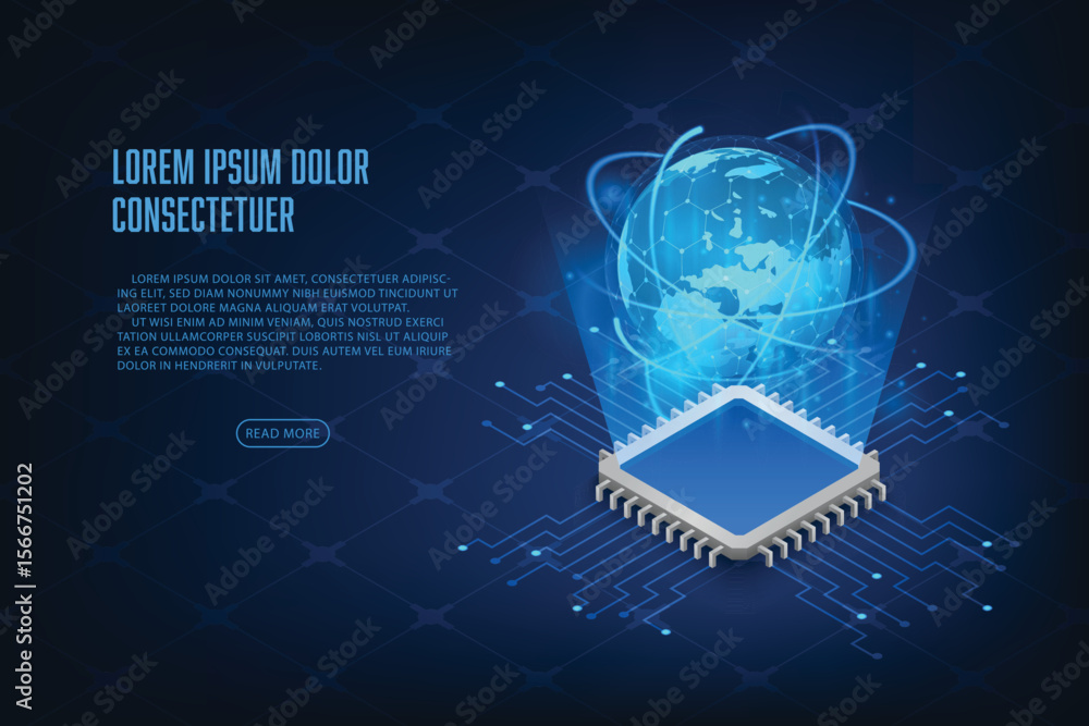 Poster digital graphic a globe above a computer chip on a blue circuit grid