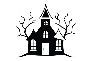 Haunted Halloween House Silhouette Vector with Bats, Ghosts, and Spooky Night Elements Illustration