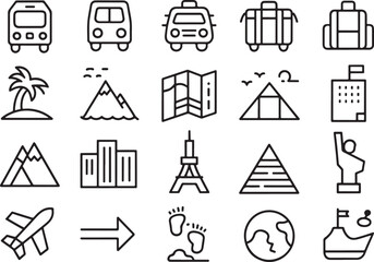 Travel and Tourism Outline Icons for Vacation, Transportation, Landmarks, and Global Destinations