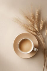 Top view of coffee cup and wheat on table with beige background.