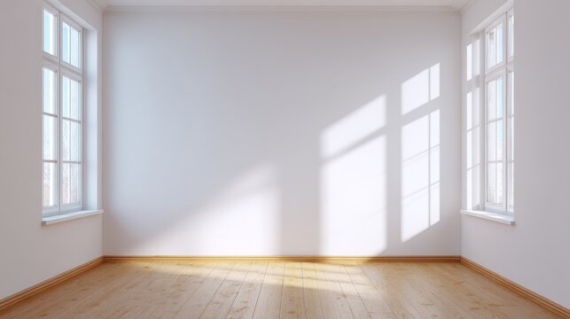 Inviting cozy room with wooden floor and bright window view, serene space bright