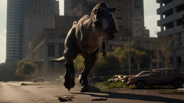 Tyrannosaurus rex roaming deserted city street