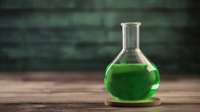A green and red liquid in a conical flask on a wooden surface with a green background.