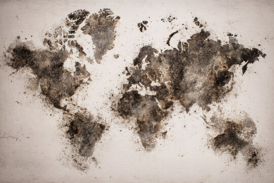 Fingerprint world map abstract art textured background faded brown and black tones creative identity concept global unity unique pattern vintage style emotional expression