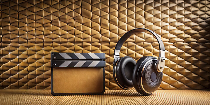 Headphones and a clapperboard rest on a textured golden surface, emphasizing the relationship between audio and film production. The setting highlights creativity in these industries