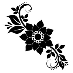 black and white ornament with single flower, swirls, dots and leaves on white isolated background, floral silhouette for design
