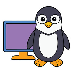 Obraz premium Cute penguin watching television vector cartoon illustration