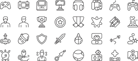Dynamic Gaming and Esports Outline Icons for Video Games, Tournaments, and Player Achievements