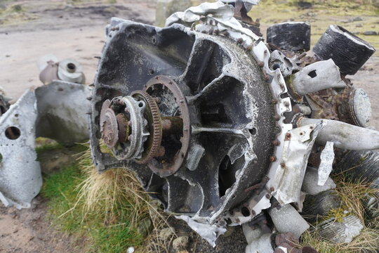 B29 OVEREXPOSED Crash Site, The Peak District, England &ndash; June 8, 2022: Aerial view of wrecked B-29 Superfortress engine at the crash site in the picturesque Peak District landscape.