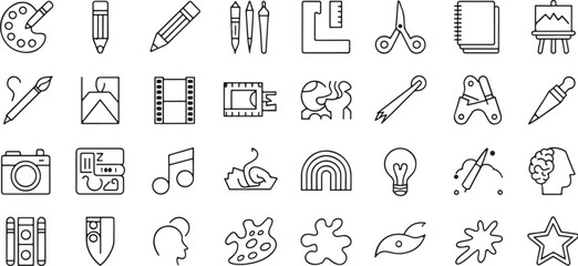 Creative Arts and Design Outline Icons for Painting, Drawing, Music, Photography, and Artistic Expression