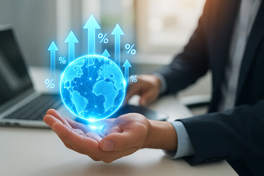 Businessman holding a glowing global network with rising arrows and percentage signs symbolizing worldwide business growth economic success and international market expansion