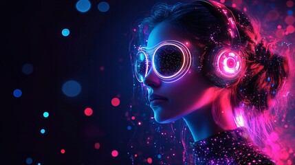 futuristic cyber girl with neon vr headset and spinning lights in a digital world