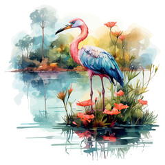 Pink flamingos and white herons wading in the water, showcasing beautiful wild birds in their natural habitat