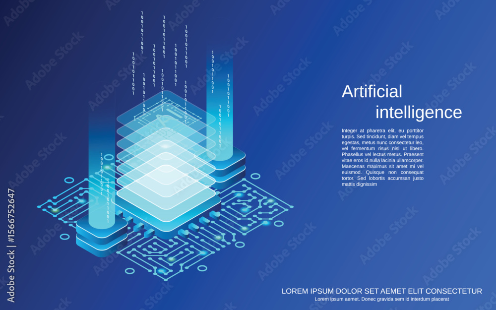 Poster Isometric tech graphic circuit board base with stacked squares data columns  text