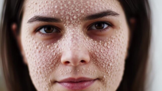 A woman's face in an extreme close-up, her skin applied with a granular exfoliating mask. She opens her eyes slowly, looking at the camera, during a cosmetic procedure or spa facial.