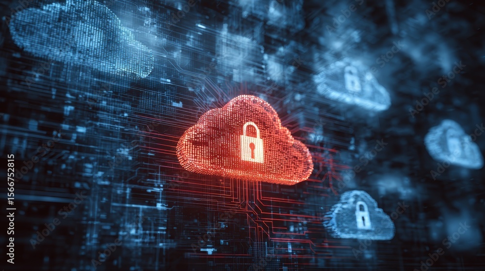 Poster red cloud with lock, symbolizing data security, access control, and privacy in cloud computing