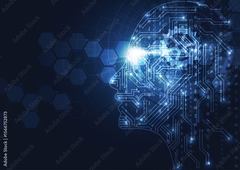 Poster profile of a head formed from circuit boards with glowing eyes and hexagonal background elements in 