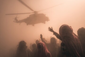Women and children reaching toward aid helicopter, sandstorm environment, wind blowing scarves, hopeful mood cinematic shot, ultra-detailed, high contrast