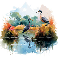 A solitary grey heron, a large water bird, patiently hunts for fish in the tranquil blue waters of a lake