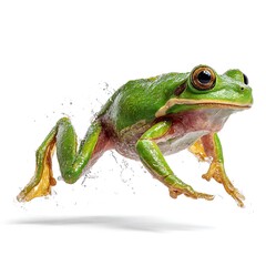Fototapeta premium Vibrant green tree frog mid leap with water droplets isolated on white background