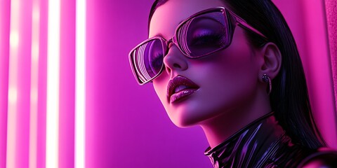 glamorous woman in neon light with sunglasses and leather outfit for fashion and beauty themes