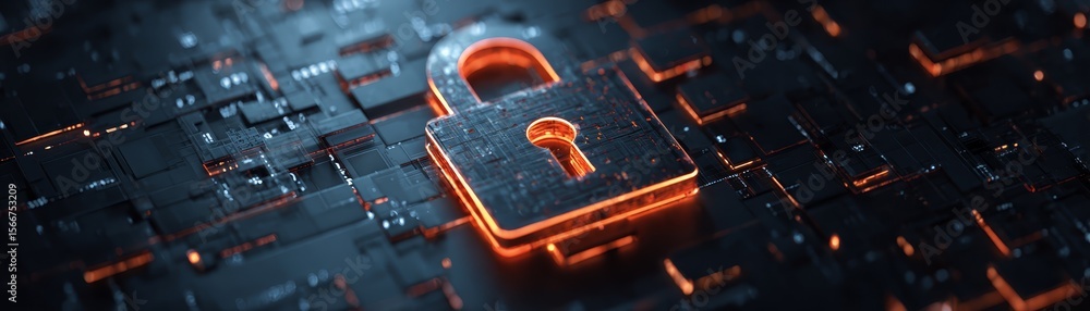 Poster cybersecurity lock on computer screen, protecting digital data, privacy, and encryption