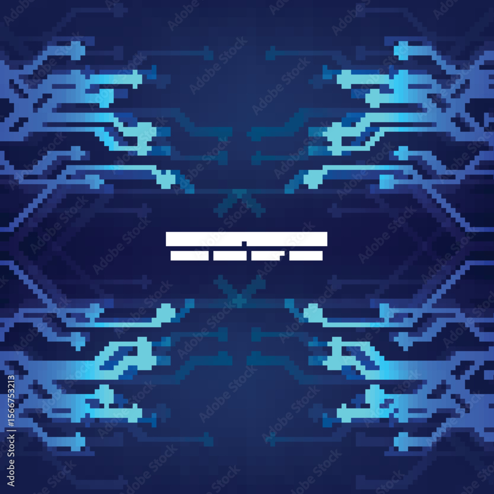 Poster Symmetrical pixel art in shades of blue featuring blocky abstract shapes that suggest a stylized design
