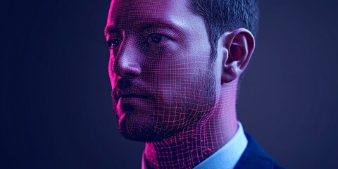 futuristic male portrait with digital wireframe overlay in neon lighting
