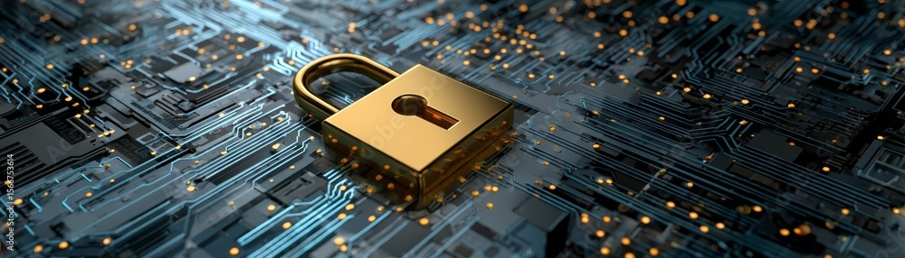 Poster enhanced digital security, padlock protecting circuit board symbolizing data protection and cybersec