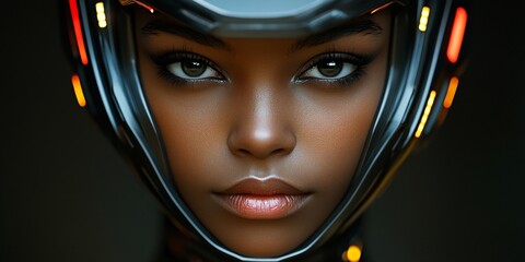 futuristic woman in motorcycle helmet with neon lights close-up