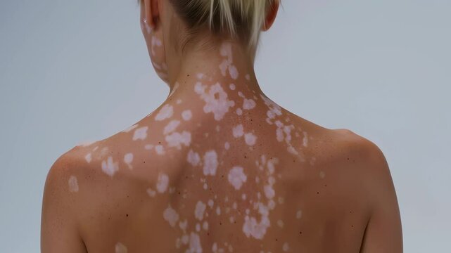 A detailed view from behind shows a woman with vitiligo on her back, neck, and shoulders. The depigmented spots create a unique pattern on her skin against a clean, neutral studio background.