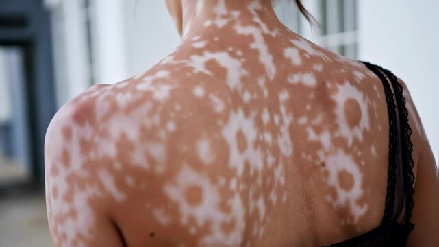 A rear view close-up focuses on the skin of a woman with vitiligo. The striking patterns of depigmentation on her upper back are visible as she stands in a softly lit, neutral space.