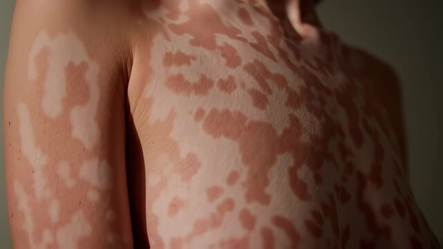  An intimate, detailed view of a woman's bare skin on her chest, shoulder, and neck, featuring the distinct patterns of vitiligo. Soft lighting highlights the depigmented patches and skin texture. 