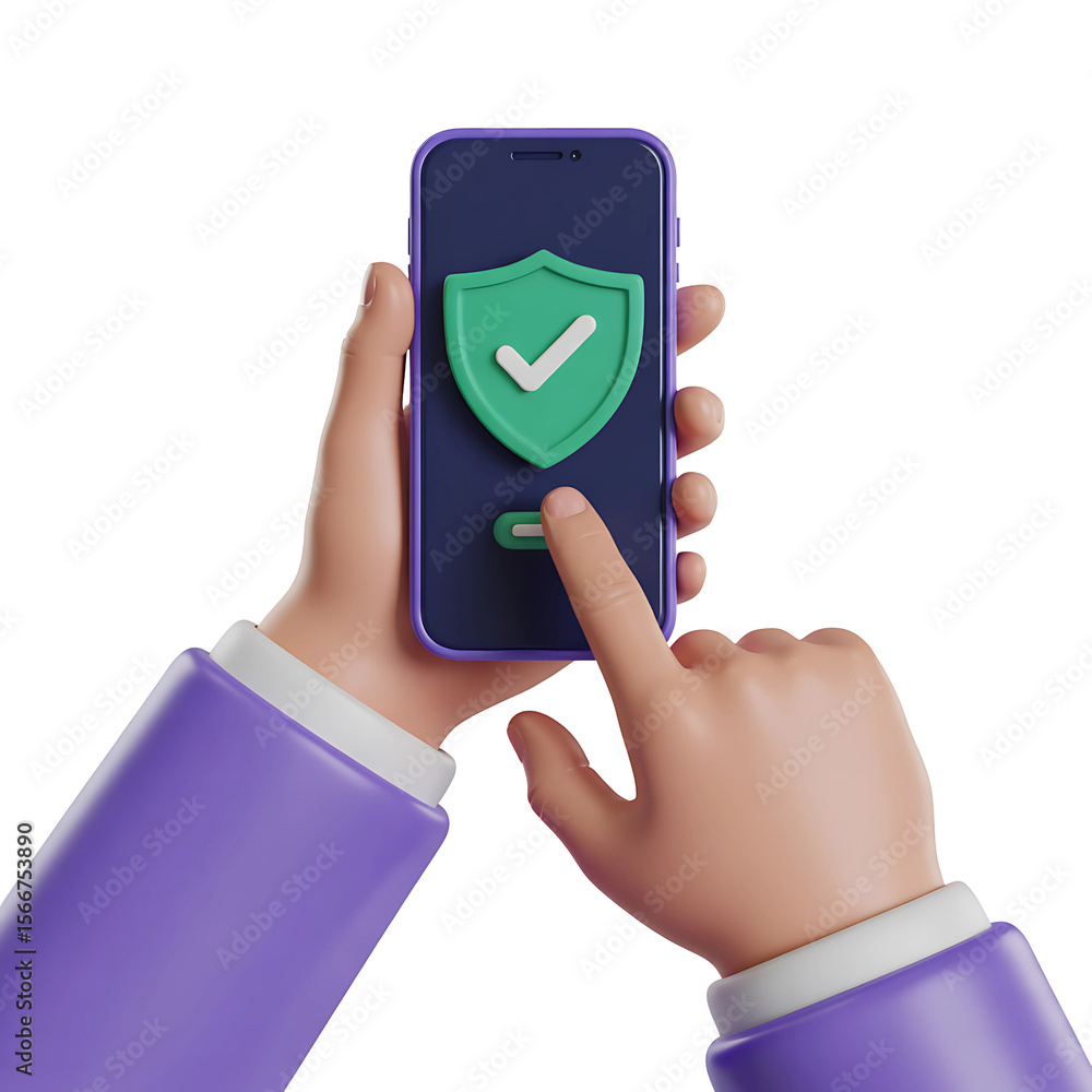 Poster mobile security check with a hand using a smartphone displaying a green shield, symbolizing data pro
