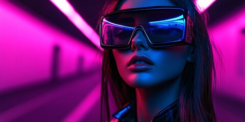futuristic neon portrait of a woman wearing cyberpunk style sunglasses in vibrant pink and blue lighting
