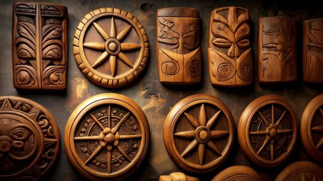 Collection of tribal carvings, featuring wooden masks and ornate compass or wheel-shaped medallions